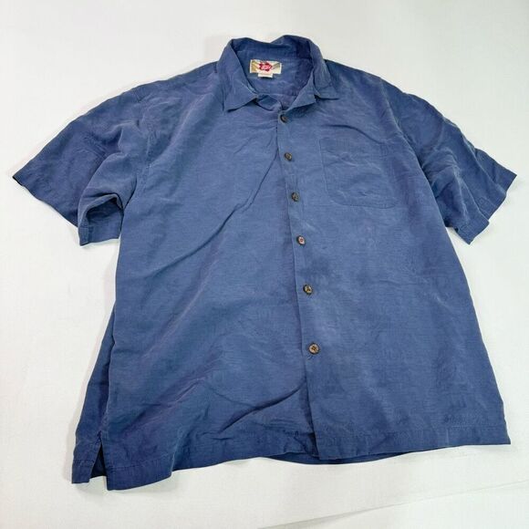 Hilo Hattie Shirt Men Large Blue Silk Button-Down Short-Sleeve Hawaiian Coastal - Picture 1 of 9